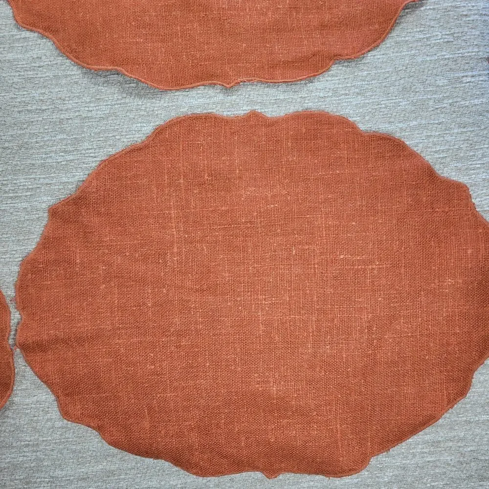 VTG Williams Sonoma Linen Placemats Pumpkin Orange Scalloped Edge Oval Set of 4